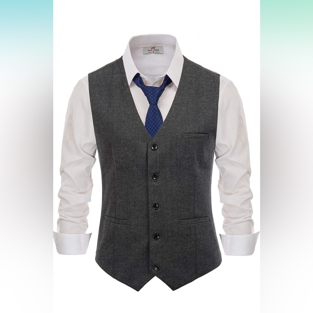 NWT PJ PAUL JONES Men's DarkGrey Herringbone Tweed Wool Blend Vest, Size Small